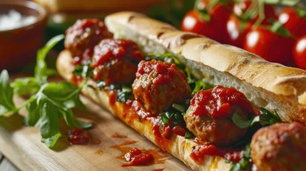 Fotobehang A delicious sub sandwich filled with meatballs and topped with flavorful tomato sauce. Perfect for a quick and satisfying meal. Great for food blogs, restaurant menus, and recipe websites © Fotograf