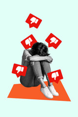 Vertical photo collage of sad young girl sitting on floor cry because of online hate dislikes...
