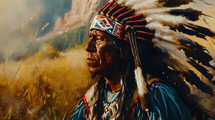 Fototapeta na wymiar Native American Chief in Traditional Headdress with Landscape Background