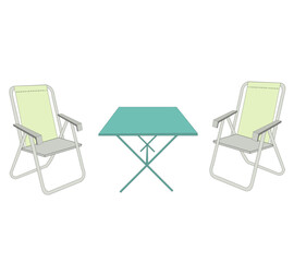 Deux fauteuils et table de jardin sur fond blanc