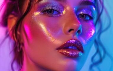 Colorful portrait of a beautiful young woman over colorful bright neon lights posing in studio
