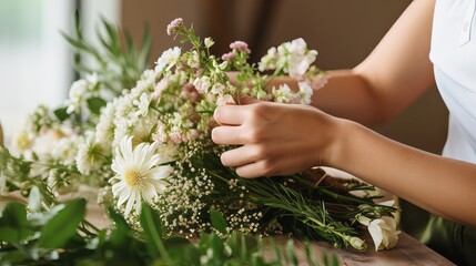 Fototapeta na wymiar Hands of a florist arranging a corsage
