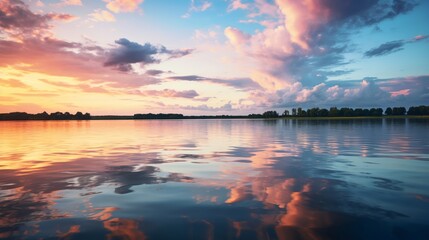 Fototapeta na wymiar Stunning sunset over a tranquil lake, casting reflections on the water