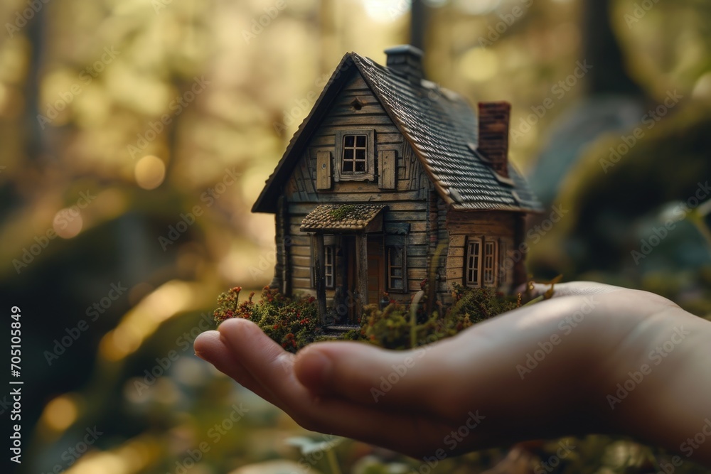 Poster a hand is seen holding a miniature model of a house. this image can be used to represent concepts su