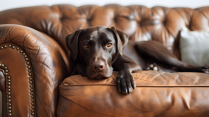 Relaxed Chocolate Labrador Retriever Lying on a Leather Sofa