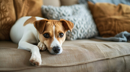 Adorable Jack Russell Terrier Puppy Resting on Couch with Cushions