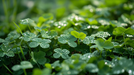 Dew on Clover Leaves in Lush Green Field
