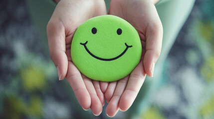 Hands holding green happy smile face Compliment Day Concept Background. Generative AI - obrazy, fototapety, plakaty