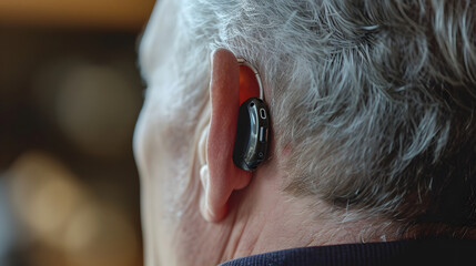 Fototapeta premium Close-up of a Modern Hearing Aid on a Man's Ear