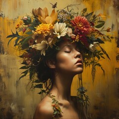 A beautiful painting of a woman wearing a crown made of flowers. This artwork can add a touch of nature and femininity to any space