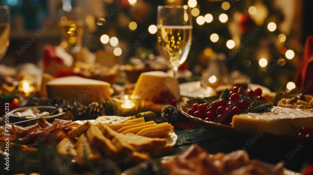 Poster a table topped with plates of food and glasses of wine. suitable for various dining and celebration 