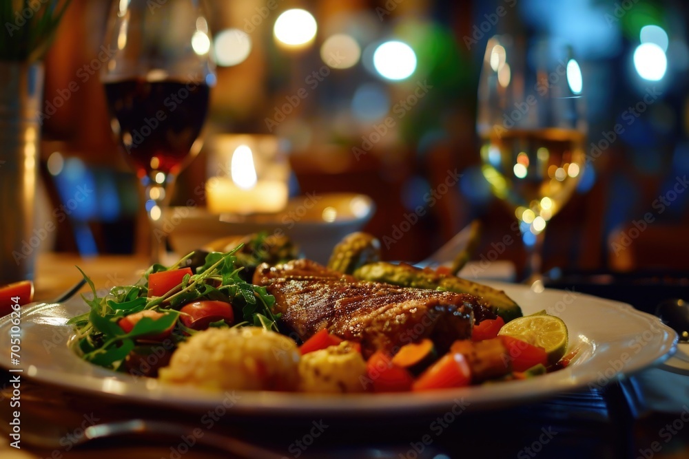 Poster a simple and elegant image of a plate of food and a glass of wine on a table. perfect for restaurant