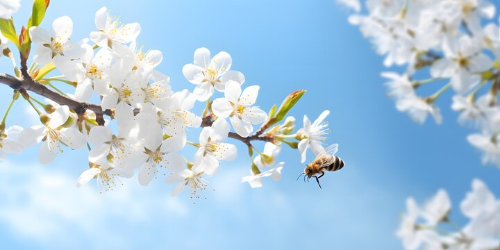 white flowering tree with insect bee in springtime on blurred abstract blue sky background banner