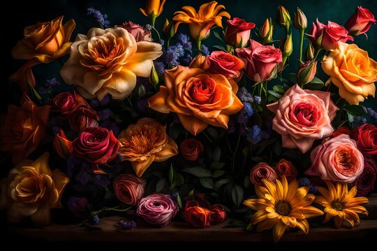 Craft a visually stunning image of a vibrant bouquet of flowers that bursts with colors and life.

