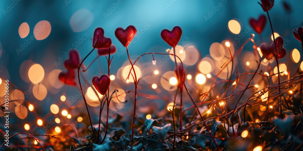 Poster a bunch of red hearts sitting on top of a field. perfect for expressing love and affection.