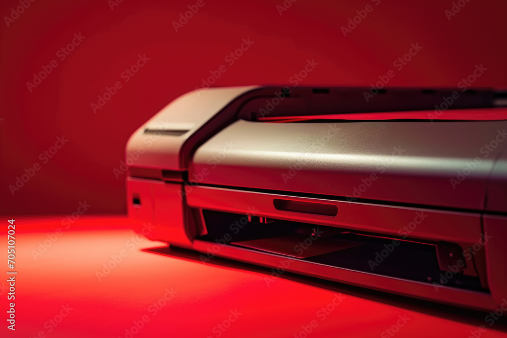 Poster a printer placed on top of a red table. suitable for office and home office setups