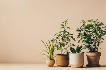 Fototapeta premium Four houseplants in different ceramic pots on a beige background, minimalism style, banner with copy space for text