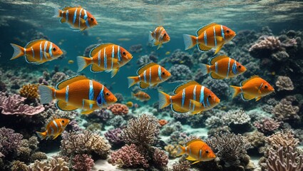 A vibrant array of tropical fish, each unique in its intricate textures and vivid colors, flowing smoothly in crystal-clear water.