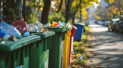 Fototapeta premium Garbage cans filled with trash. Green renewable energy