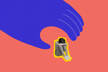 Creative collage image illustration sadness apathy depressed young woman sit need help big blue...