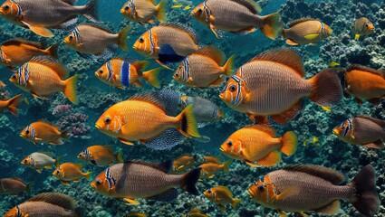A brilliant assortment of tropical fish swimming elegantly in a clear ocean; each one is distinct in its vivid patterns and minute features.