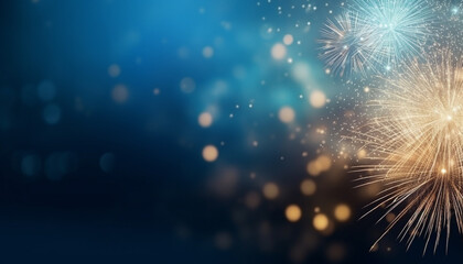 Gold and blue Fireworks and bokeh in New Year eve and copy space. Abstract background holiday