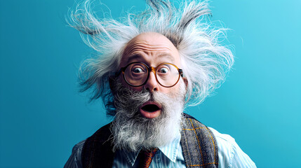Eccentric old male scientist in a surprised, humorous pose with wild white hair against a vibrant blue studio background