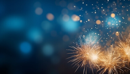 Fototapeta premium Gold and blue Fireworks and bokeh in New Year eve and copy space. Abstract background holiday