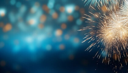 Gold and blue Fireworks and bokeh in New Year eve and copy space. Abstract background holiday - obrazy, fototapety, plakaty