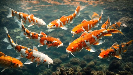 : A vibrant school of koi fish gliding through crystal clear waters, their scales shimmering in the sunlight