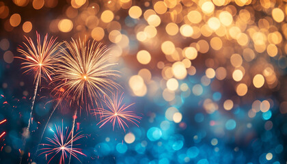 Gold and blue Fireworks and bokeh in New Year eve and copy space. Abstract background holiday