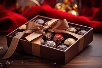 photograph of Chocolates and chocolate pralines in a gift box as a luxury holiday present, telephoto lens natural lighting --ar 3:2 --v 5.2 Job ID: 7629c9e0-b4c0-4ad5-a3d5-6273457a02e4
