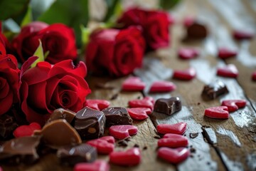 photograph of Candy hearts, chocolate and red roses, Valentine's Day telephoto lens natural lighting --ar 3:2 --v 6 Job ID: a8d1d343-06e8-4430-bdf2-8524cd5f6c77