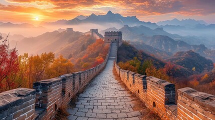 Create a panoramic view of the Great Wall of China,