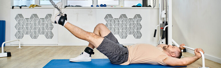 side view of man lying down on fitness mat during recovery training in kinesio center, banner - obrazy, fototapety, plakaty