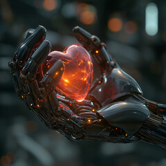 Harmony of the heart and machine: a detailed view of a robot's mechanical limb cradling a vibrant red heart, reflecting a sophisticated union of artificial intelligence and human emotions.