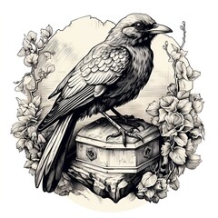 hand drawn vector illustration of a beautiful stone magpie bird house