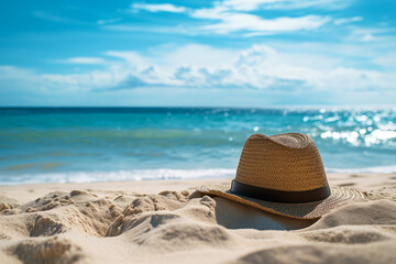 hat on the beach. summer vacation. travel or tourism ad. hot summer day, sea or ocean breeze.