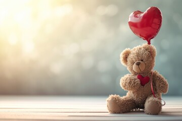bear holding a heart shaped balloon on light background with copy space. Valentine's Day. - obrazy, fototapety, plakaty