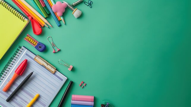 to school supplies, notepad and stationary on green background,