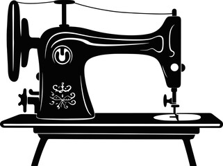 Vintage sewing machine Silhouette. Black solid shape of manual sew machine with with a thin elegant thread. Isolated vector illustration. AI generated illustration.