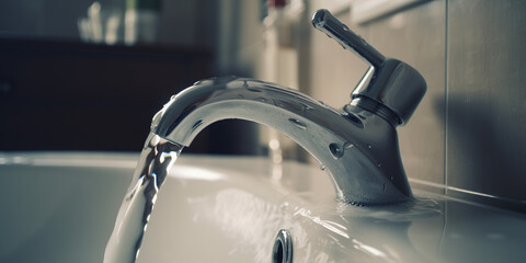 Water pours from mixer into sink in bathroom closeup.