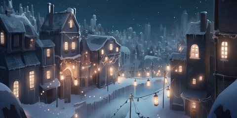 Illustration cartoon town with fairy-tale illuminated houses and empty streets