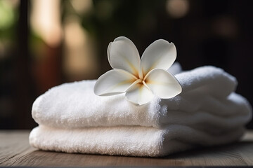 Fototapeta na wymiar Spa treatments with flower lying on a white towel
