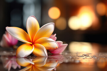 Close-up view a white flower on water with blurred background