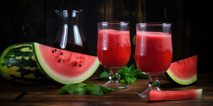 Water melon fresh juice in glasses with sliced water melon
