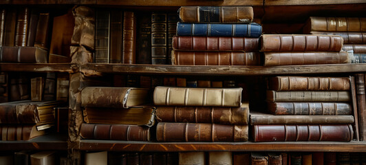 Antique leather books in the library. Vintage pile of old brown leather books with copy space