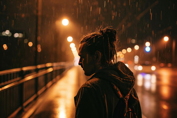 Obraz premium Rainy Night Encounter: Man With An Unusual Hairstyle On A Bridge