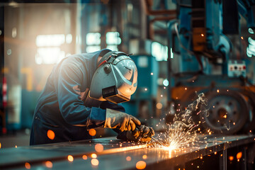Male welder worker at the plant is engaged in welding and metal work in the shop.- Generative AI.