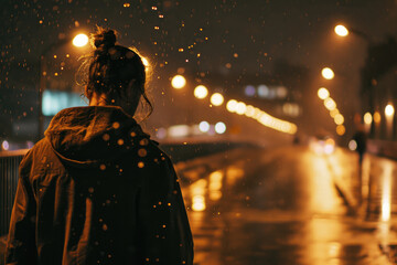 Man With A Bun On A Bridge At Night In The Rain